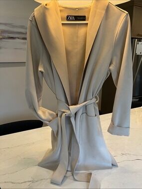 ZARA Cream Hooded Belted Duster Trench Coat with Patch Pockets